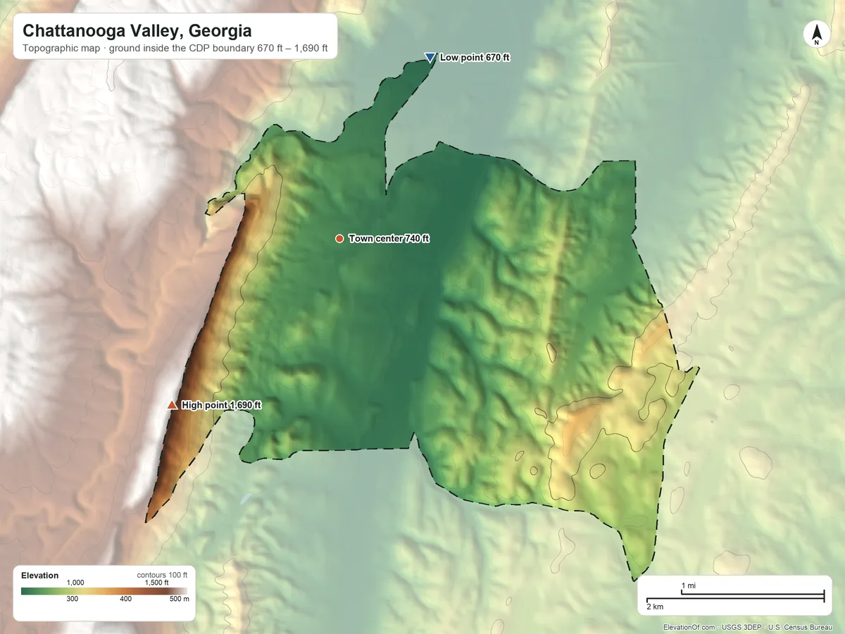 Topographic elevation map of Chattanooga Valley, Georgia, shaded from 670 ft on the northeast side to 1,690 ft on the southwest side
