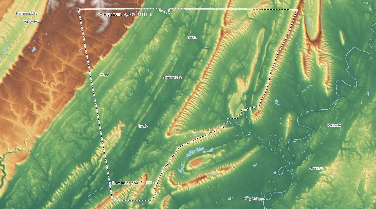 Topographic elevation map of Chattooga County, Georgia, shaded from 580 ft on the southwest side to 1,950 ft on the northwest side