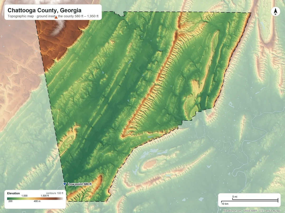 Topographic elevation map of Chattooga County, Georgia, shaded from 580 ft on the southwest side to 1,950 ft on the northwest side