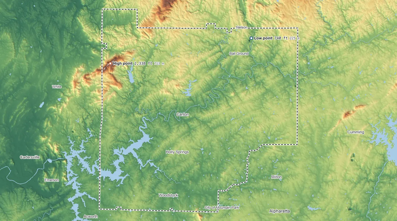 Topographic elevation map of Cherokee County, Georgia, shaded from 740 ft on the northeast side to 2,338 ft on Pine Log Mountain