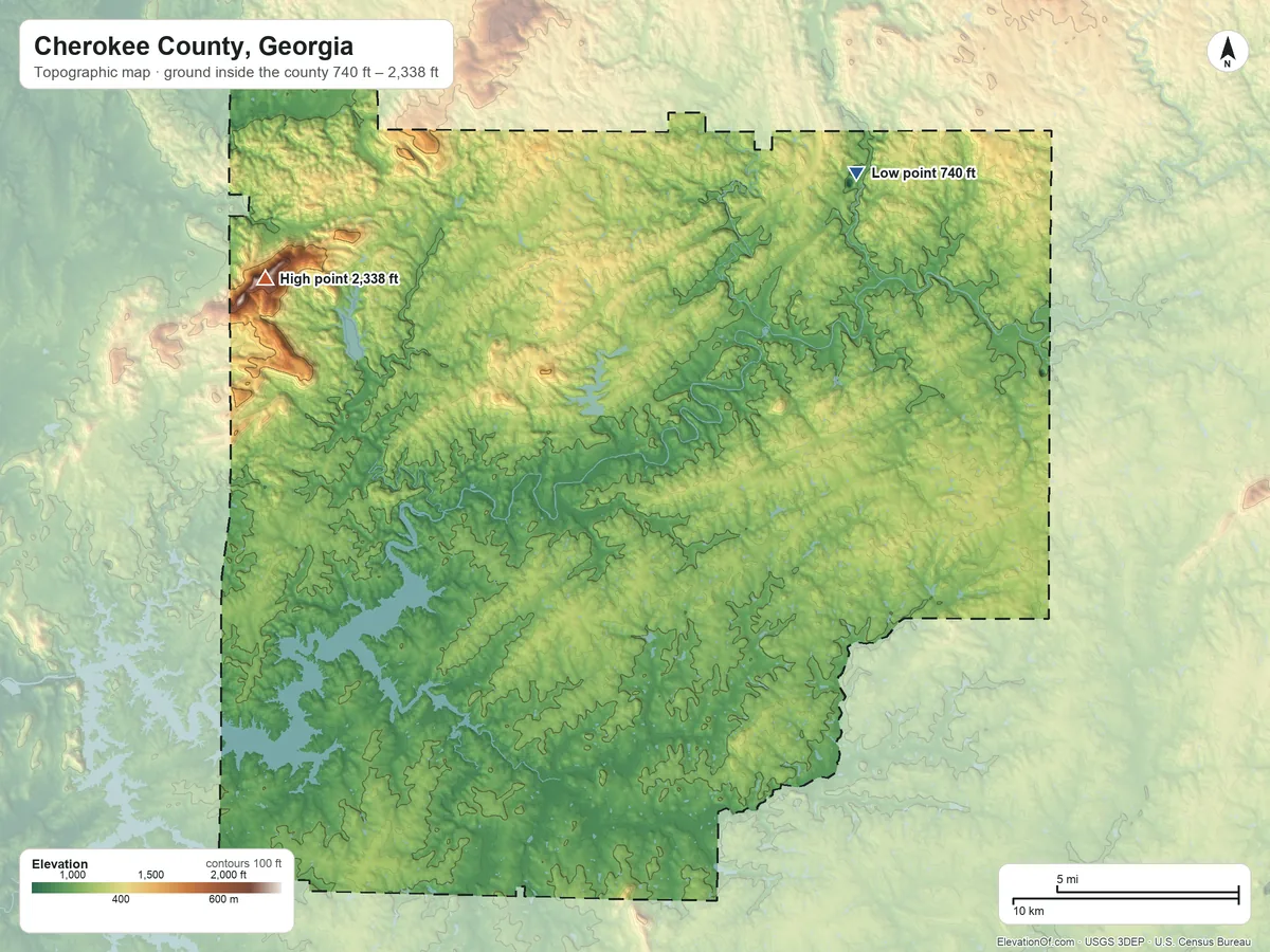 Topographic elevation map of Cherokee County, Georgia, shaded from 740 ft on the northeast side to 2,338 ft on Pine Log Mountain
