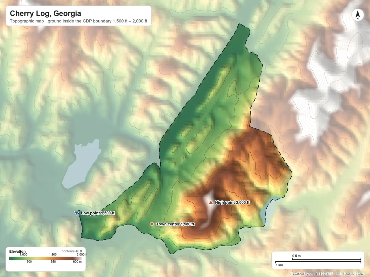 Topographic elevation map of Cherry Log, Georgia, shaded from 1,500 ft on the west side to 2,000 ft at the foot of the John Dick Mountains