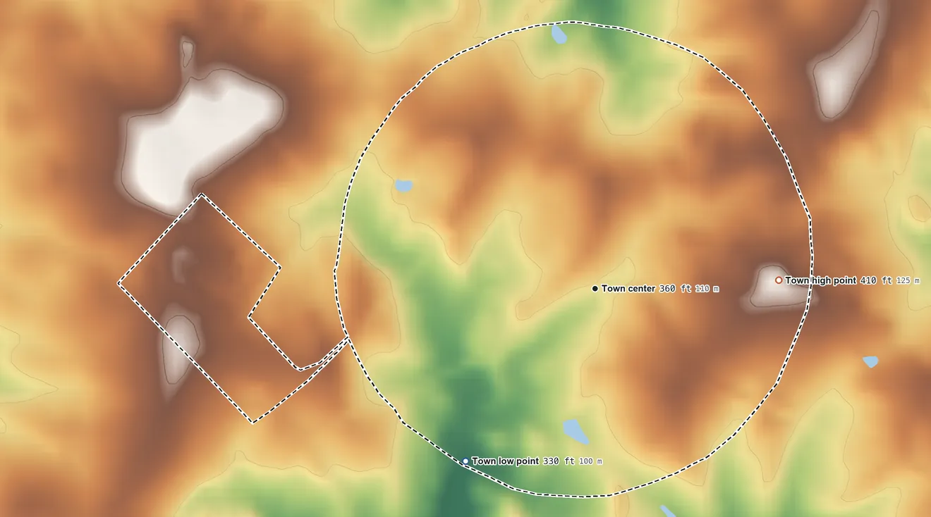 Topographic elevation map of Chester, Georgia, shaded from 330 ft on the southwest side to 410 ft on the east side