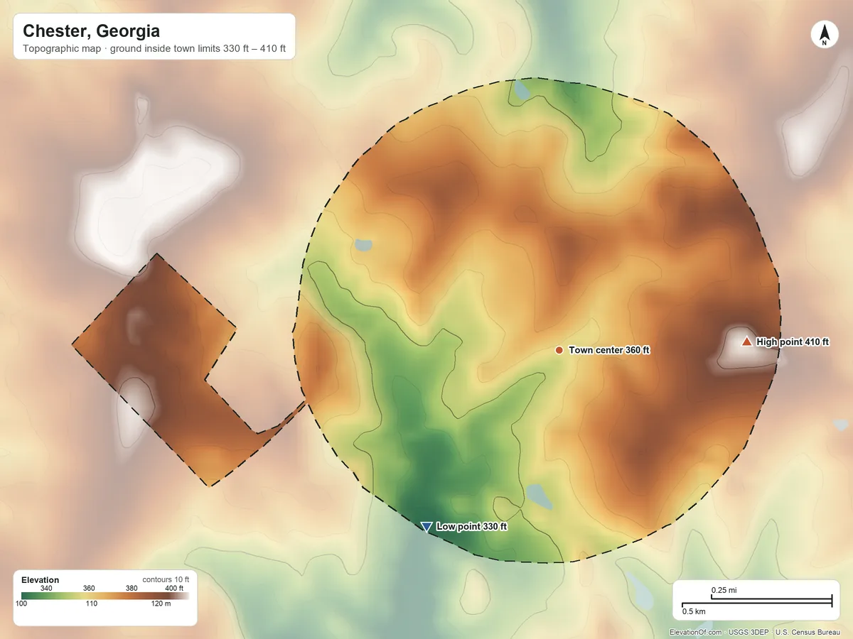 Topographic elevation map of Chester, Georgia, shaded from 330 ft on the southwest side to 410 ft on the east side
