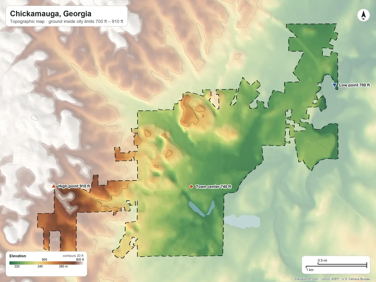 Topographic elevation map of Chickamauga, Georgia, shaded from 700 ft on the northeast side to 910 ft on the west side