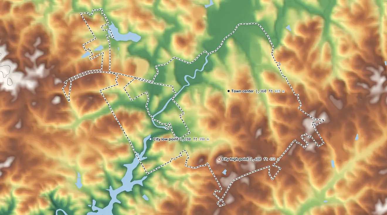 Topographic elevation map of Clarkesville, Georgia, shaded from 1,280 ft on the southwest side to 1,480 ft on the south side