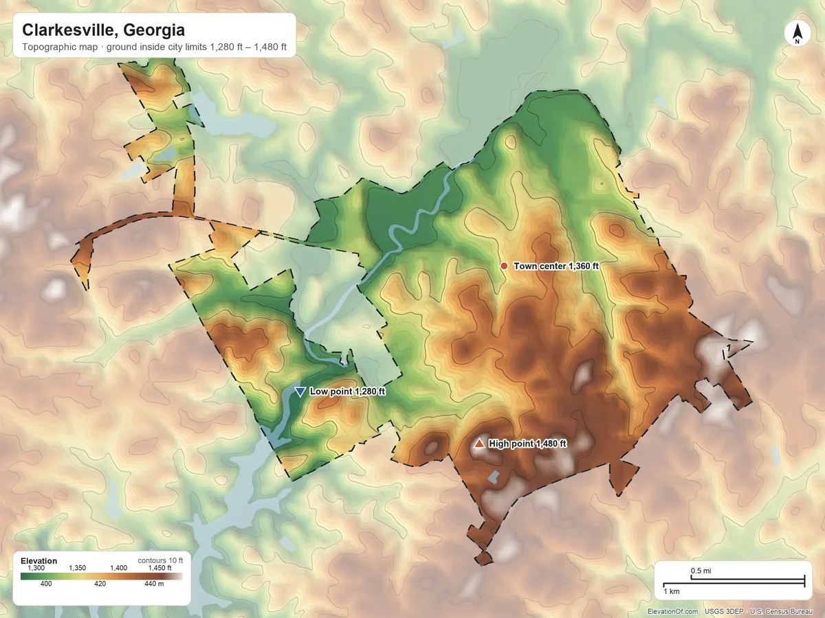 Topographic elevation map of Clarkesville, Georgia, shaded from 1,280 ft on the southwest side to 1,480 ft on the south side