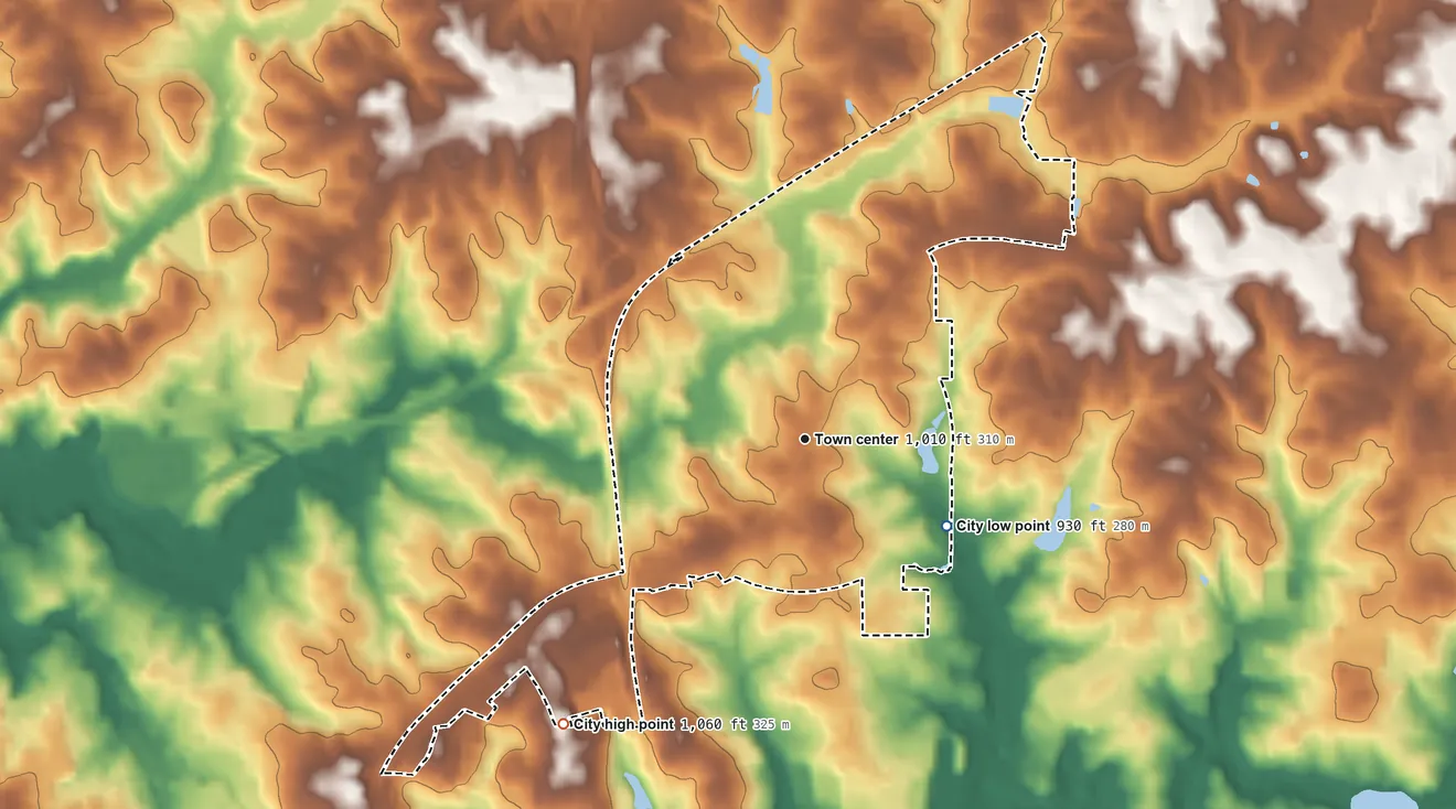 Topographic elevation map of Clarkston, Georgia, shaded from 930 ft on the southeast side to 1,060 ft on the southwest side