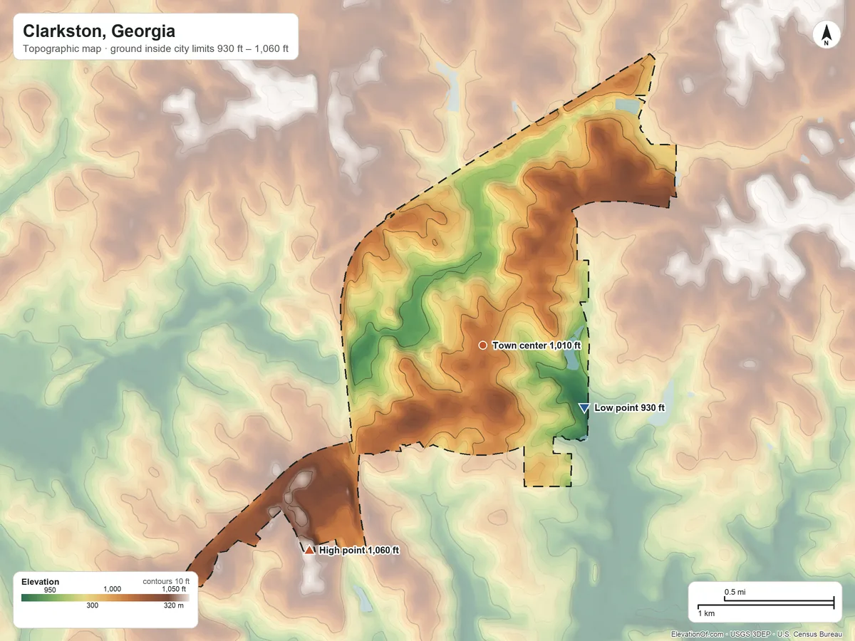 Topographic elevation map of Clarkston, Georgia, shaded from 930 ft on the southeast side to 1,060 ft on the southwest side
