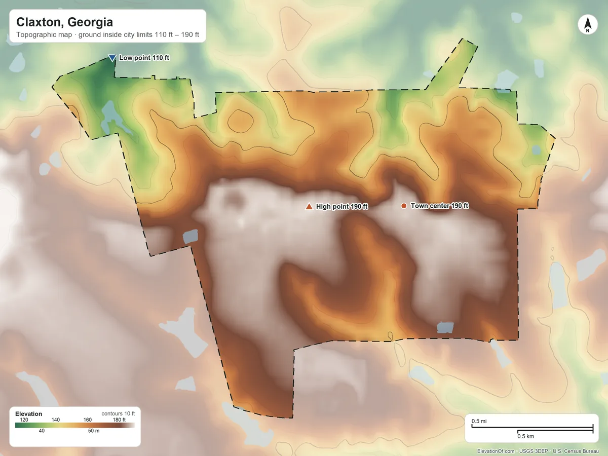 Topographic elevation map of Claxton, Georgia, shaded from 110 ft on the northwest side to 190 ft on the west side
