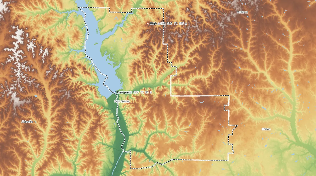 Topographic elevation map of Clay County, Georgia, shaded from 120 ft on the west side to 510 ft on the north side