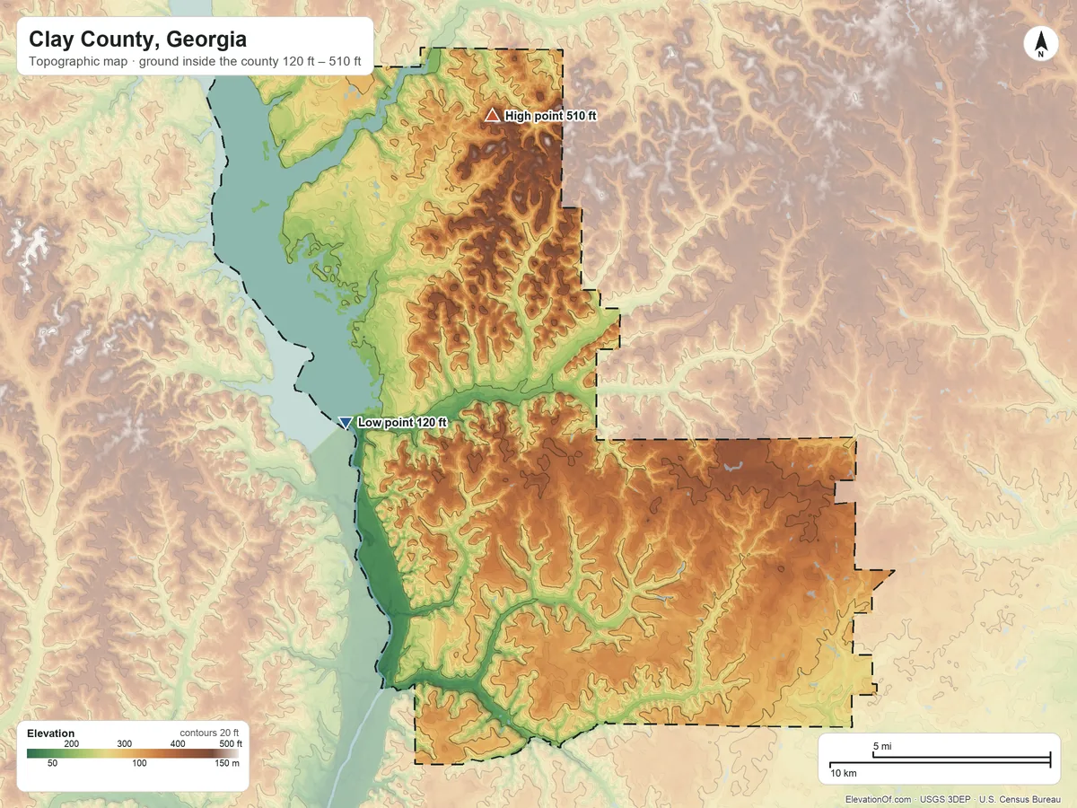 Topographic elevation map of Clay County, Georgia, shaded from 120 ft on the west side to 510 ft on the north side