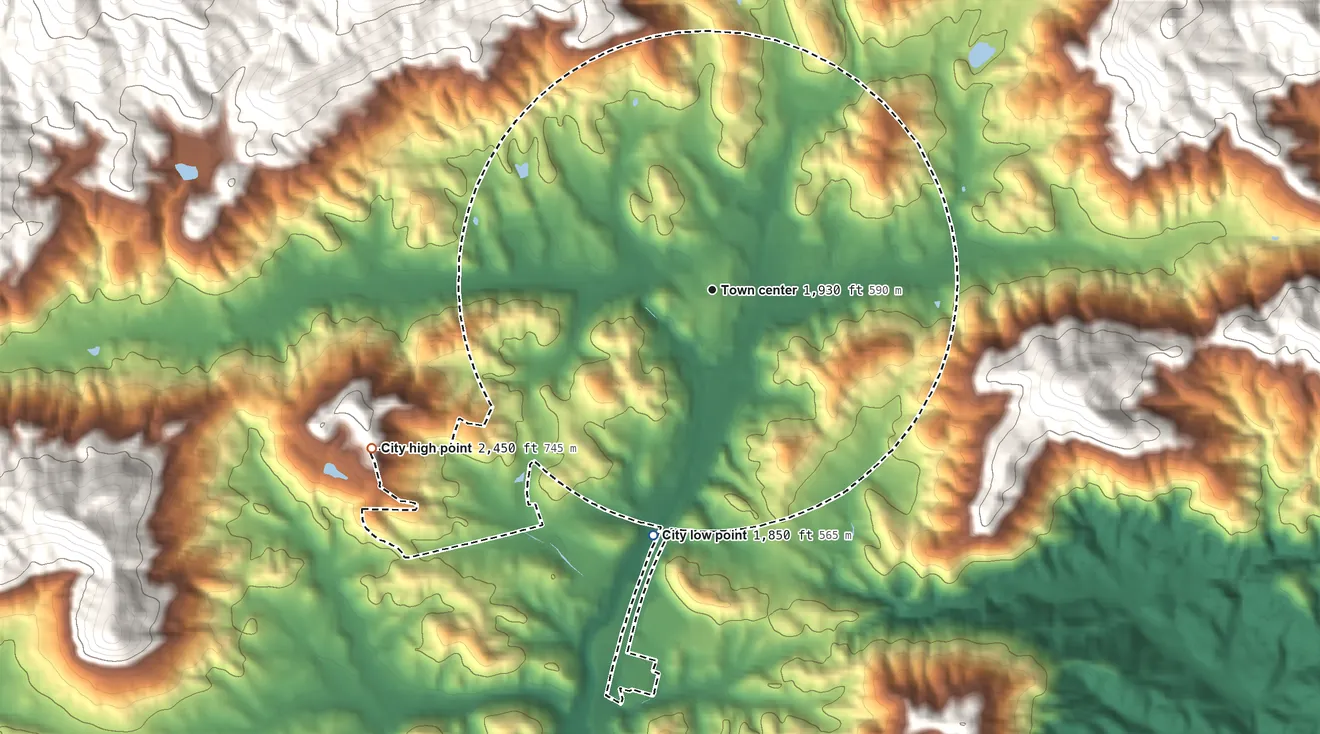 Topographic elevation map of Clayton, Georgia, shaded from 1,850 ft on the south side to 2,450 ft on the southwest edge, below higher ground just outside