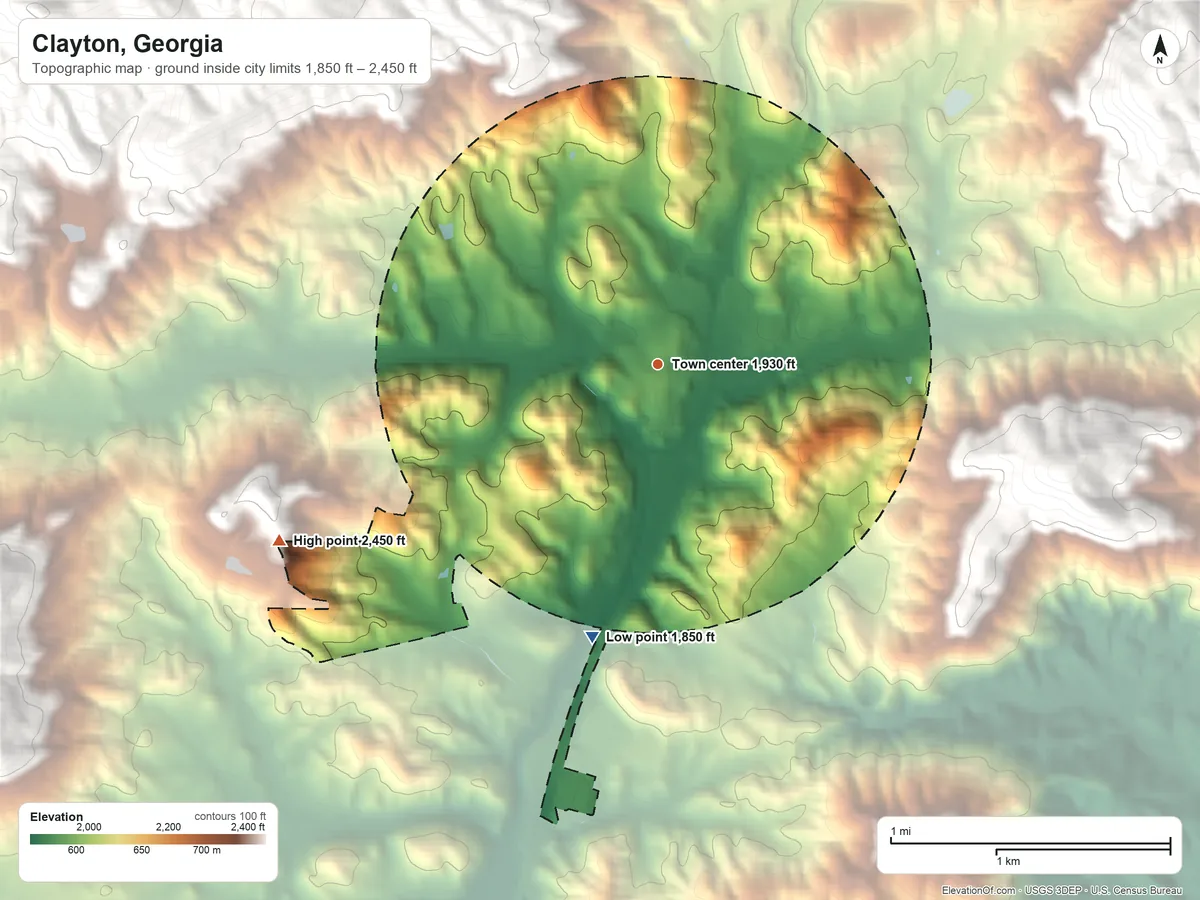 Topographic elevation map of Clayton, Georgia, shaded from 1,850 ft on the south side to 2,450 ft on the southwest edge, below higher ground just outside