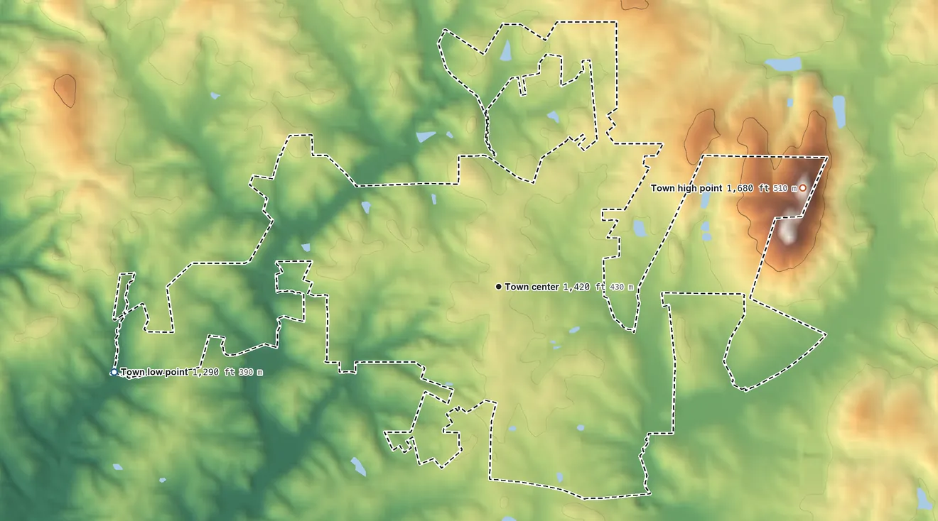 Topographic elevation map of Clermont, Georgia, shaded from 1,290 ft on the west side to 1,680 ft on Hog Mountain