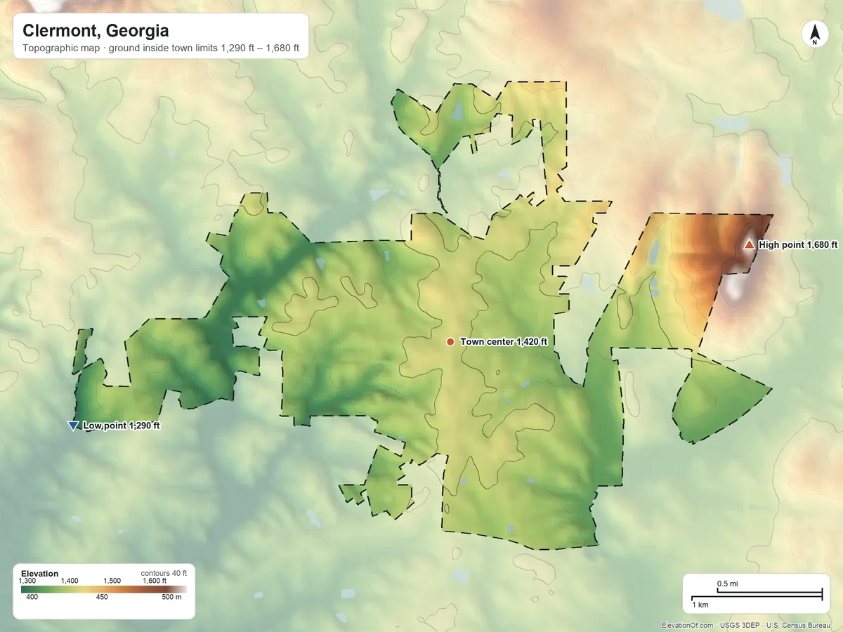 Topographic elevation map of Clermont, Georgia, shaded from 1,290 ft on the west side to 1,680 ft on Hog Mountain