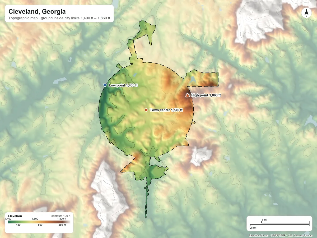 Topographic elevation map of Cleveland, Georgia, shaded from 1,400 ft on the northwest side to 1,860 ft on the east side