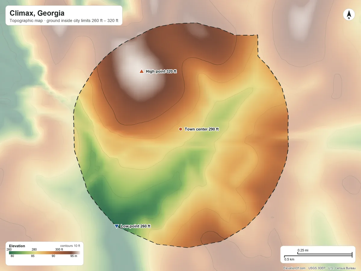 Topographic elevation map of Climax, Georgia, shaded from 260 ft on the southwest side to 320 ft on the northwest side