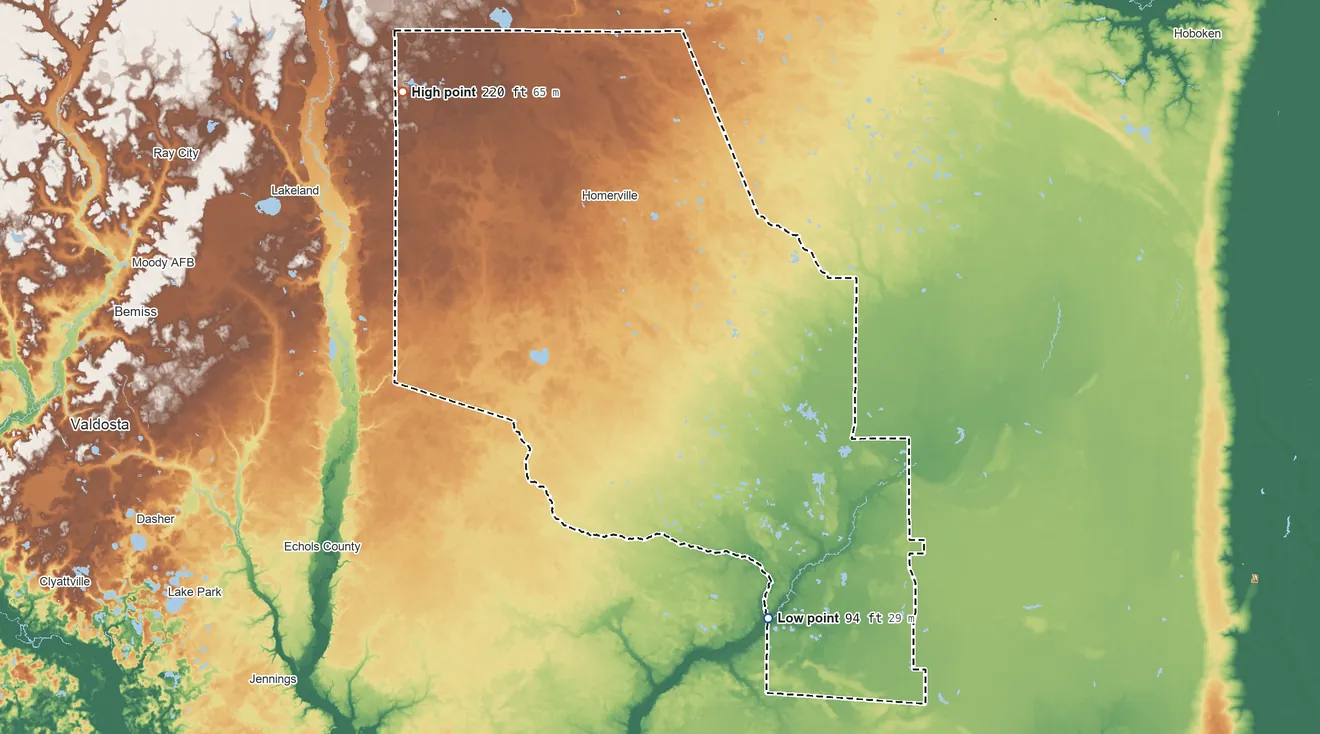 Topographic elevation map of Clinch County, Georgia, shaded from 94 ft on the southeast side to 220 ft on the northwest side