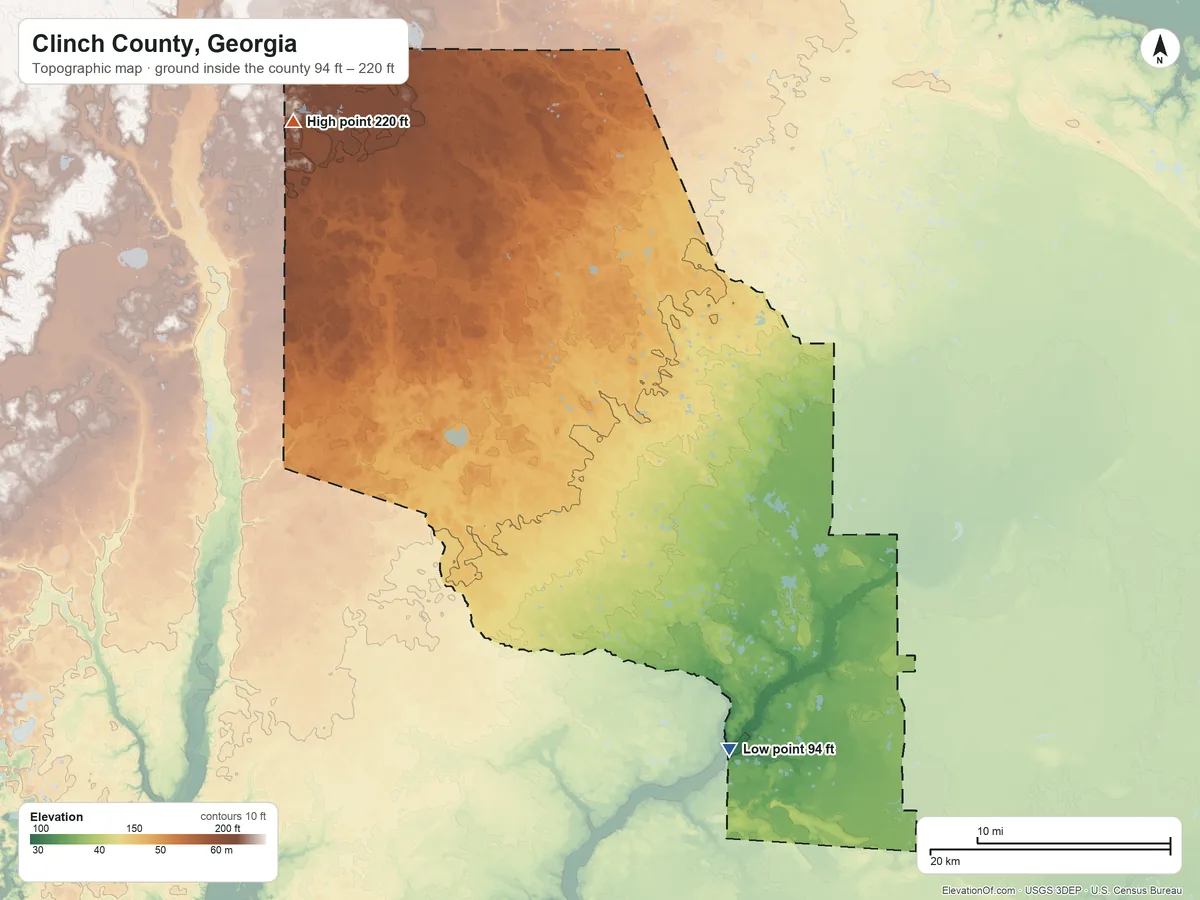Topographic elevation map of Clinch County, Georgia, shaded from 94 ft on the southeast side to 220 ft on the northwest side