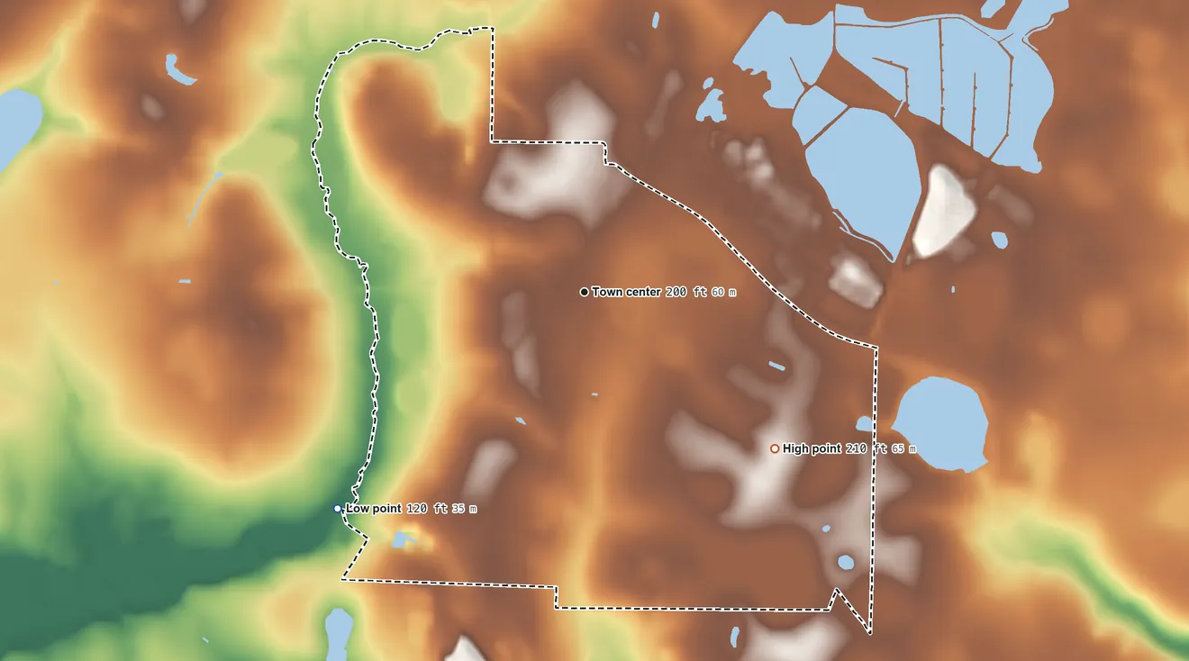 Topographic elevation map of Clyattville, Georgia, shaded from 120 ft on the southwest side to 210 ft on the southeast side
