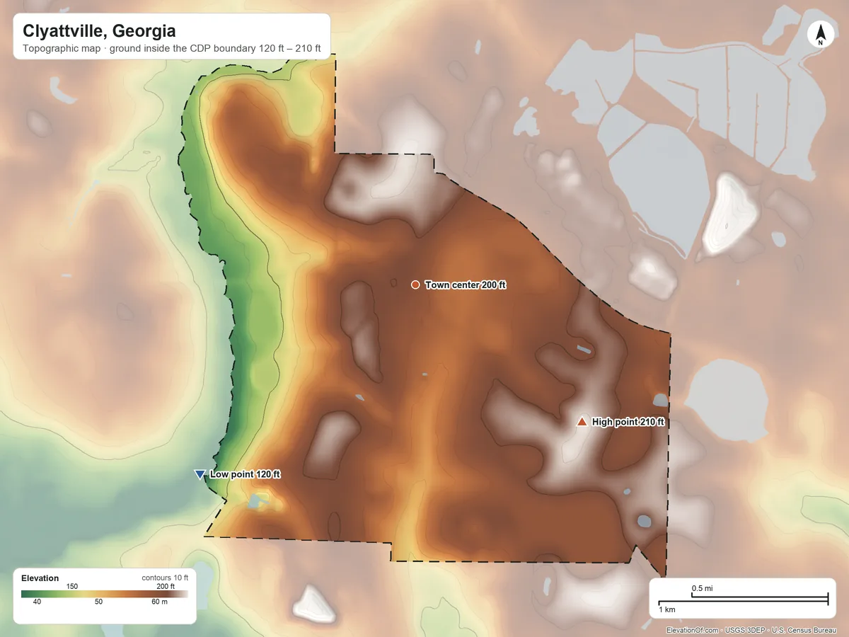 Topographic elevation map of Clyattville, Georgia, shaded from 120 ft on the southwest side to 210 ft on the southeast side