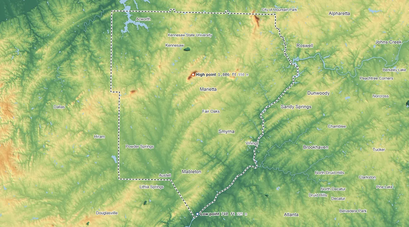 Topographic elevation map of Cobb County, Georgia, shaded from 740 ft on the south side to 1,806 ft on Kennesaw Mountain