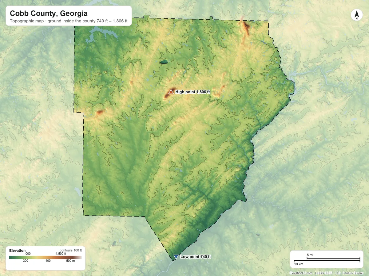 Topographic elevation map of Cobb County, Georgia, shaded from 740 ft on the south side to 1,806 ft on Kennesaw Mountain