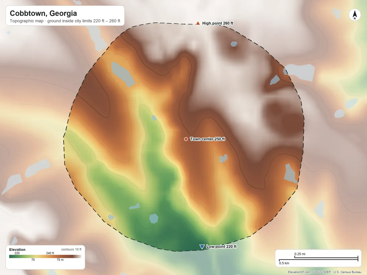 Topographic elevation map of Cobbtown, Georgia, shaded from 220 ft on the south side to 260 ft on the north side