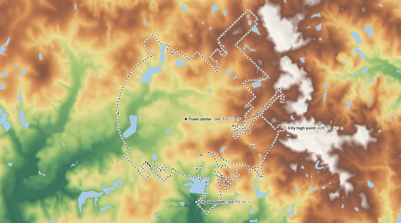 Topographic elevation map of Cochran, Georgia, shaded from 300 ft on the south side to 420 ft on the east side