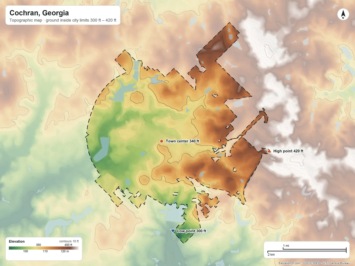 Topographic elevation map of Cochran, Georgia, shaded from 300 ft on the south side to 420 ft on the east side