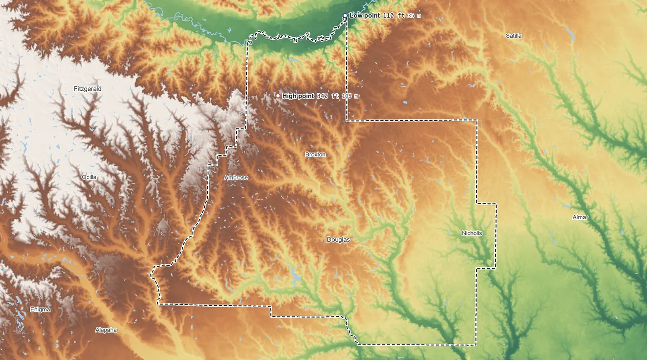 Topographic elevation map of Coffee County, Georgia, shaded from 110 ft on the north side to 340 ft on the northwest side