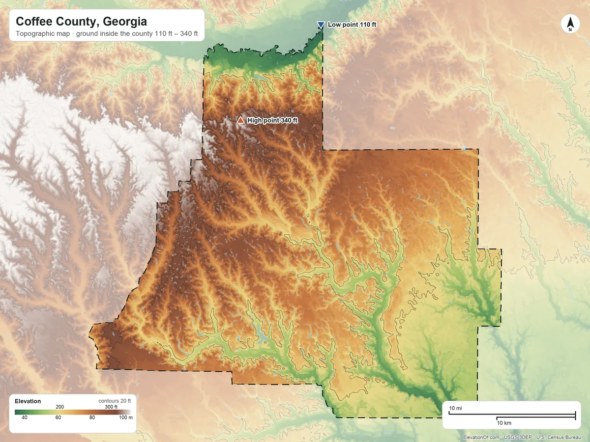 Topographic elevation map of Coffee County, Georgia, shaded from 110 ft on the north side to 340 ft on the northwest side