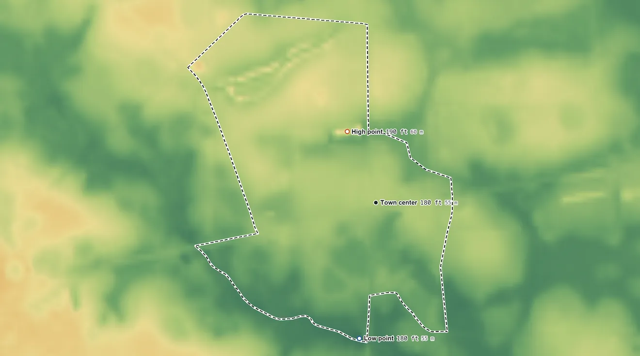 Topographic elevation map of Cogdell, Georgia, shaded from 180 ft on the south side to 190 ft on the north side