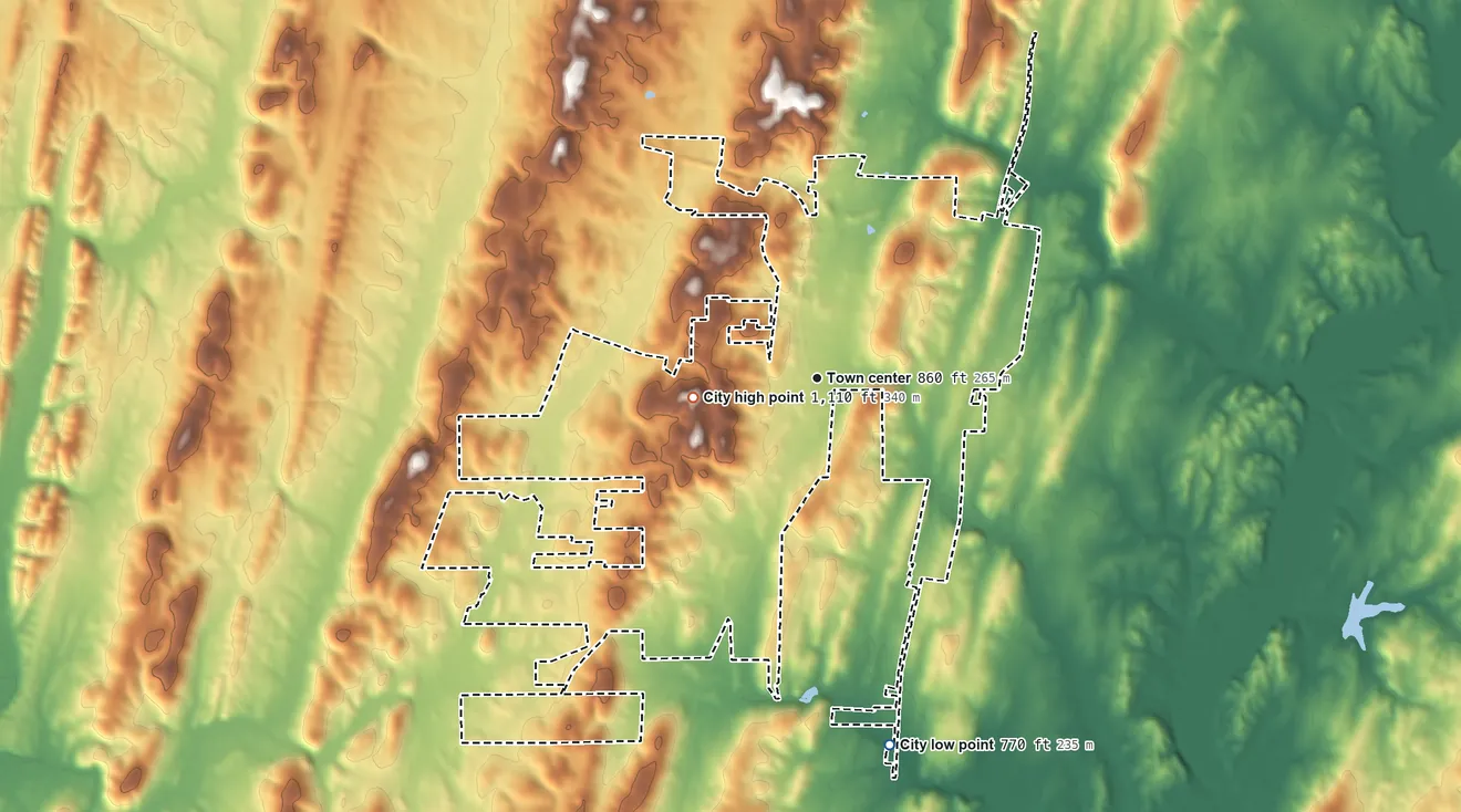 Topographic elevation map of Cohutta, Georgia, shaded from 770 ft on the south side to 1,110 ft on the west side