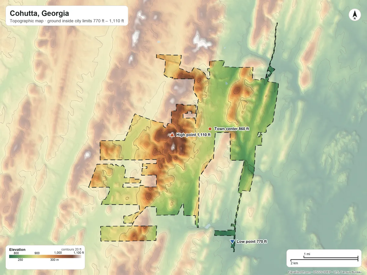 Topographic elevation map of Cohutta, Georgia, shaded from 770 ft on the south side to 1,110 ft on the west side