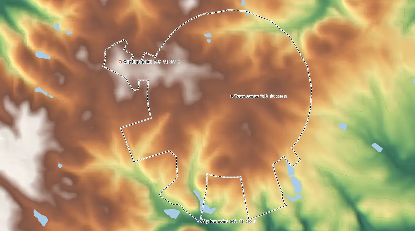 Topographic elevation map of Colbert, Georgia, shaded from 640 ft on the south side to 770 ft on the west side