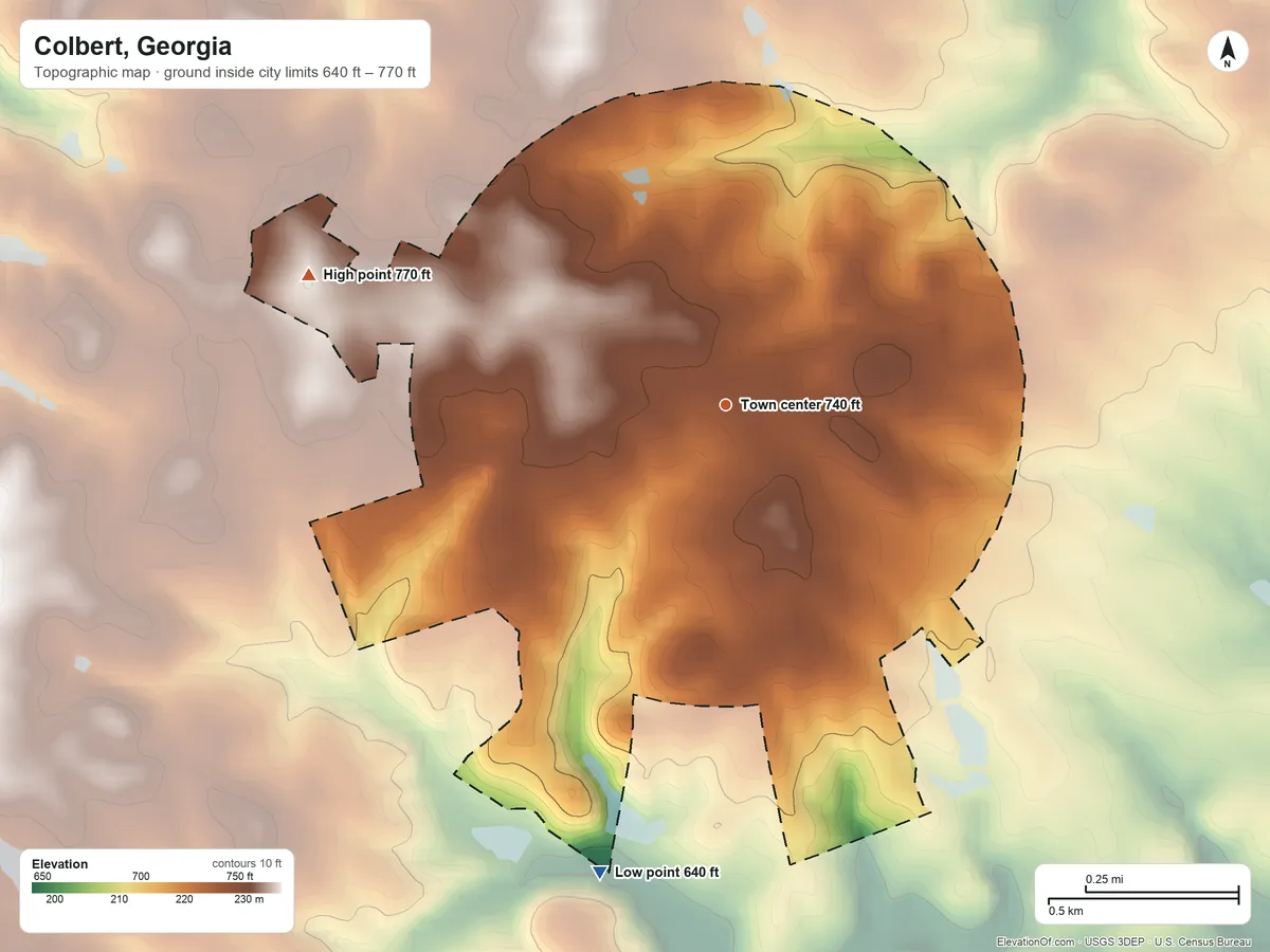 Topographic elevation map of Colbert, Georgia, shaded from 640 ft on the south side to 770 ft on the west side