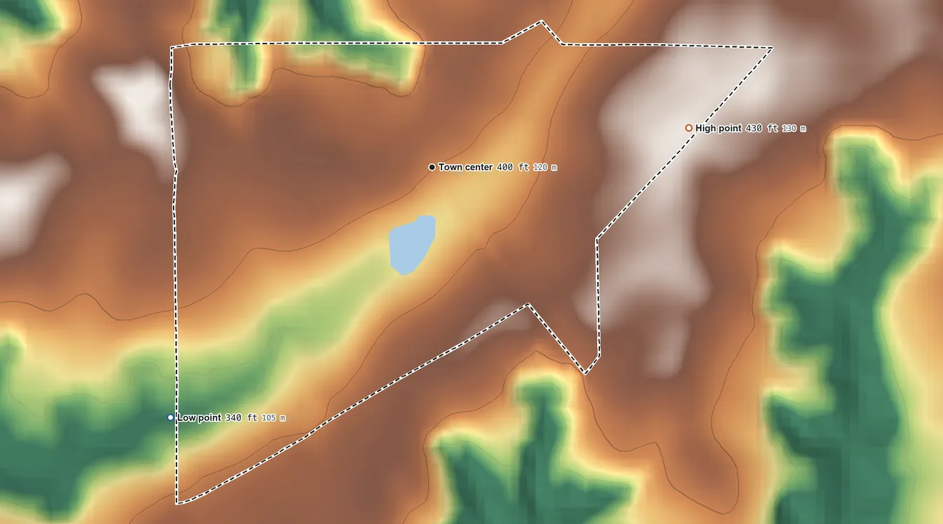 Topographic elevation map of Coleman, Georgia, shaded from 340 ft on the southwest side to 430 ft on the east side