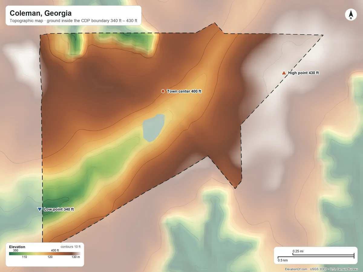 Topographic elevation map of Coleman, Georgia, shaded from 340 ft on the southwest side to 430 ft on the east side