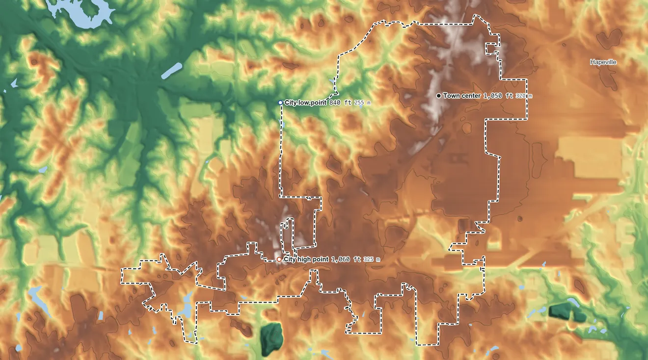 Topographic elevation map of College Park, Georgia, shaded from 840 ft on the west side to 1,060 ft on the southwest side