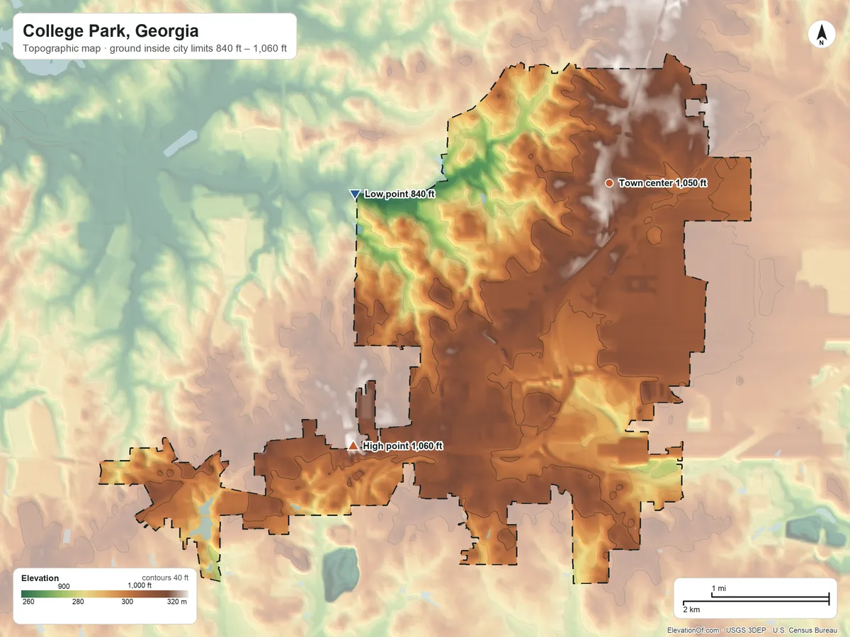 Topographic elevation map of College Park, Georgia, shaded from 840 ft on the west side to 1,060 ft on the southwest side