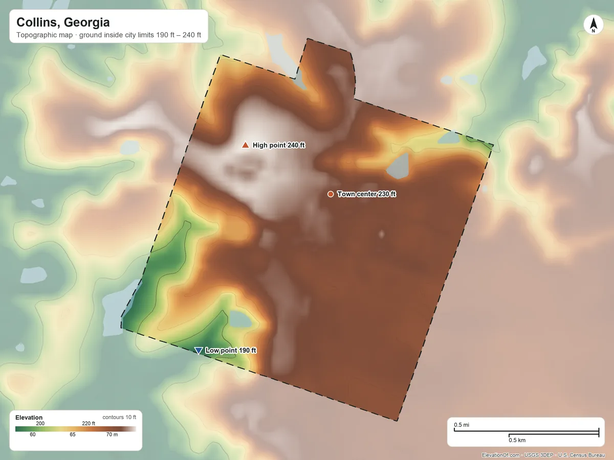 Topographic elevation map of Collins, Georgia, shaded from 190 ft on the southwest side to 240 ft on the northwest side