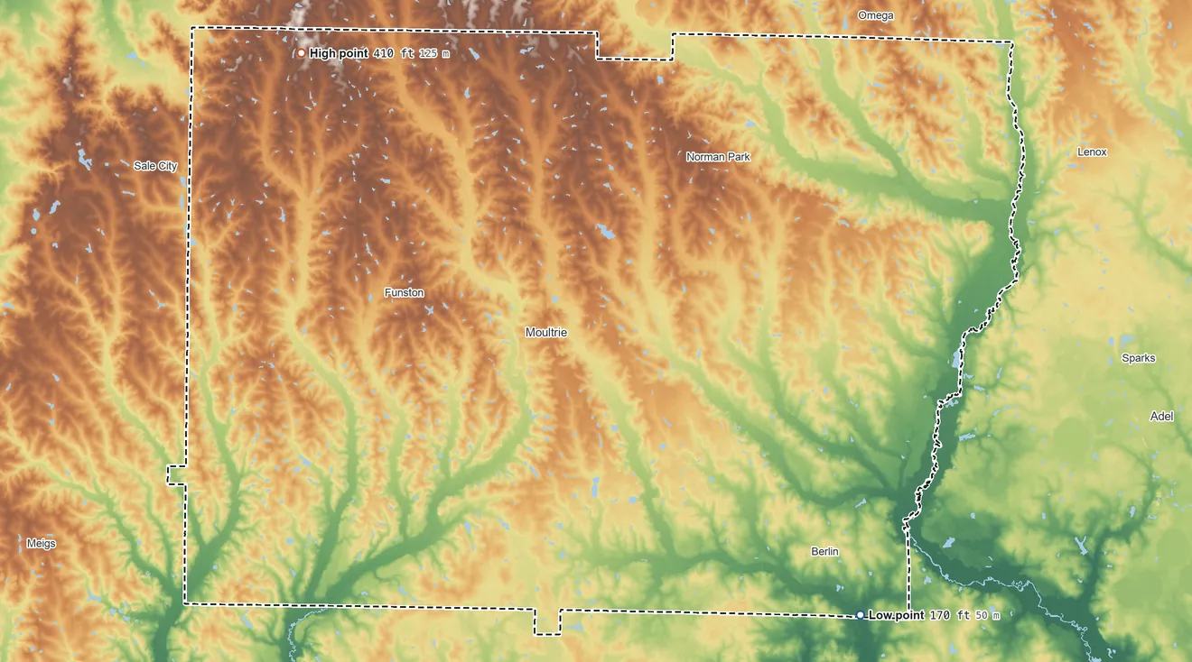 Topographic elevation map of Colquitt County, Georgia, shaded from 170 ft on the southeast side to 410 ft on the northwest side