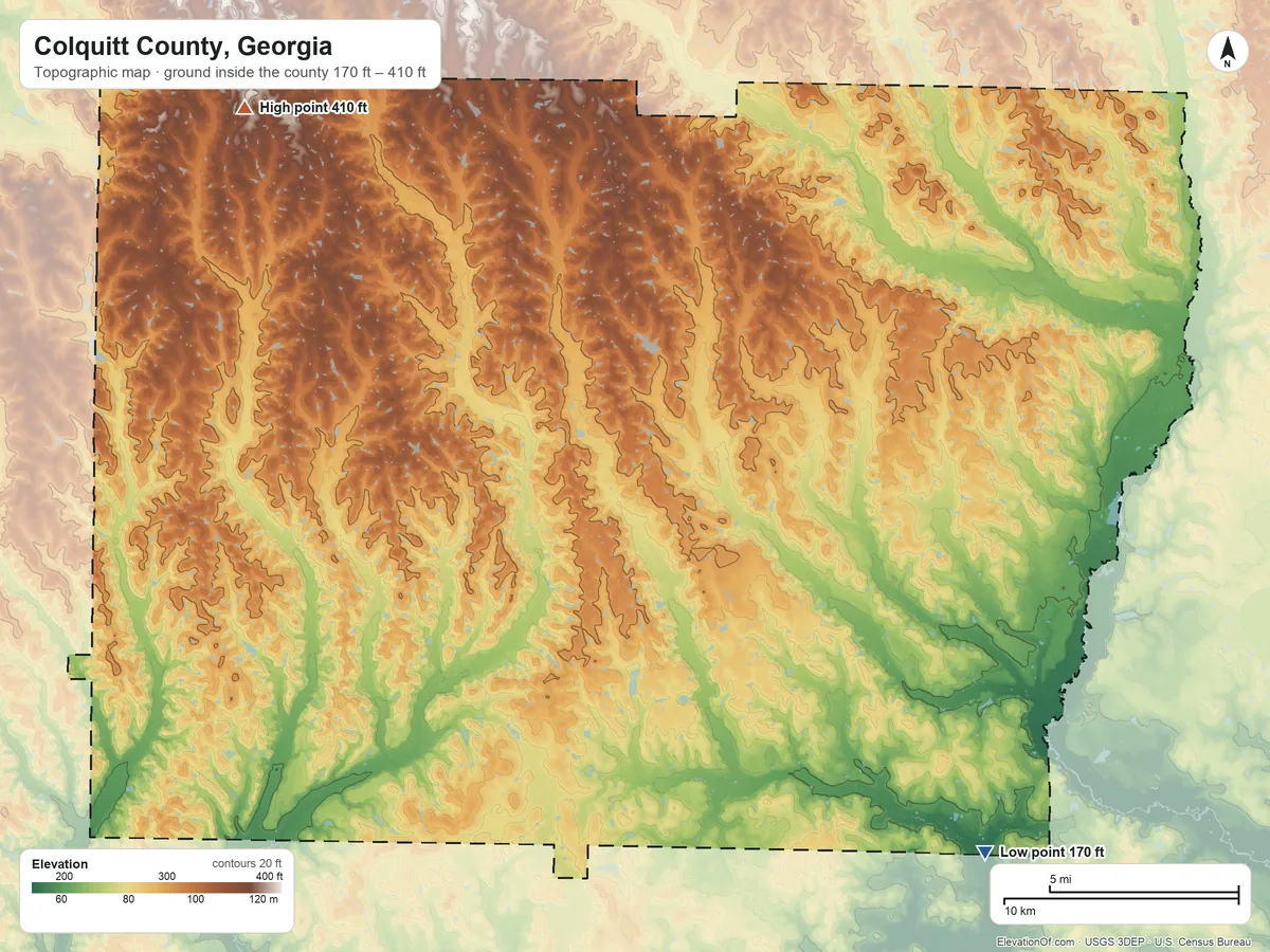 Topographic elevation map of Colquitt County, Georgia, shaded from 170 ft on the southeast side to 410 ft on the northwest side
