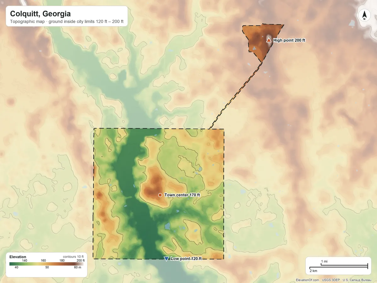 Topographic elevation map of Colquitt, Georgia, shaded from 120 ft on the south side to 200 ft on the northeast side