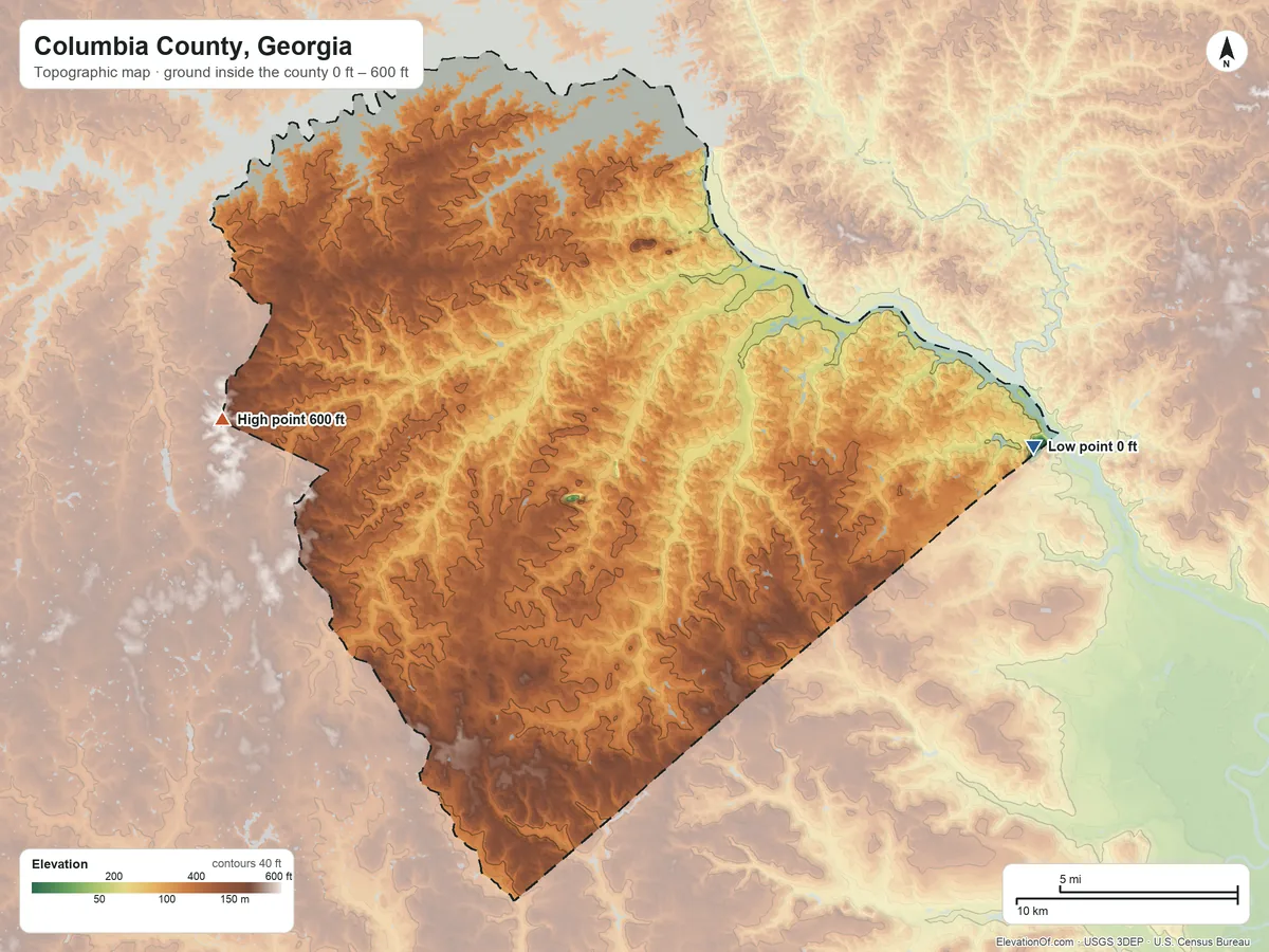 Topographic elevation map of Columbia County, Georgia, shaded from 0 ft on the east side to 600 ft on the west side