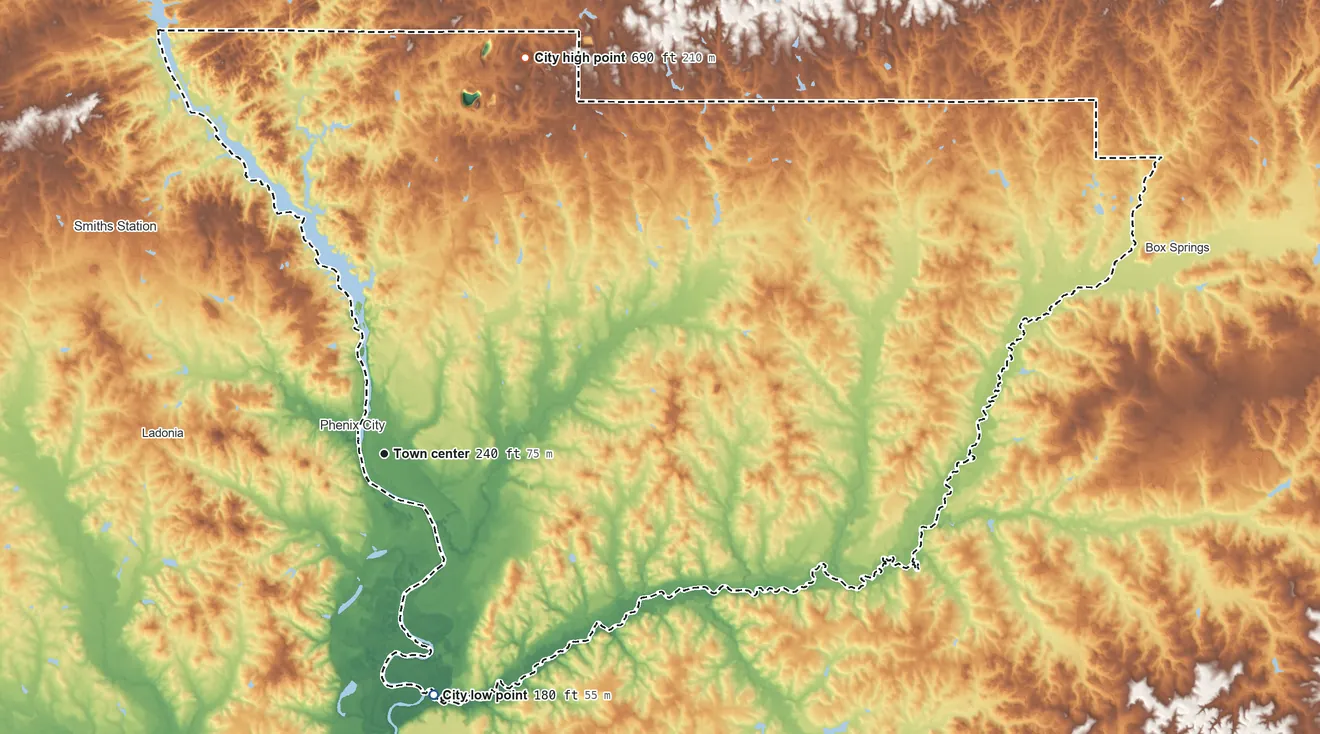 Topographic elevation map of Columbus, Georgia, shaded from 180 ft on the south side to 690 ft on the north side