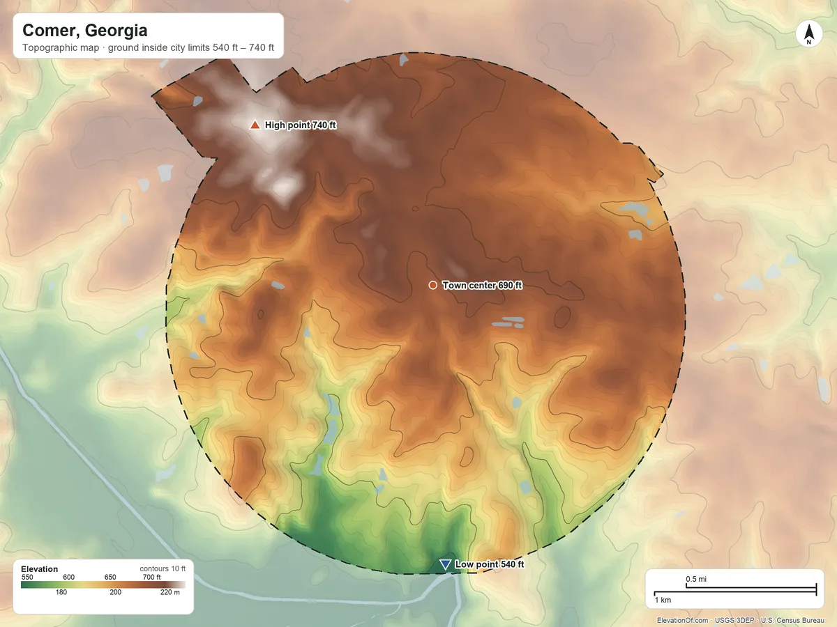 Topographic elevation map of Comer, Georgia, shaded from 540 ft on the south side to 740 ft on the northwest side