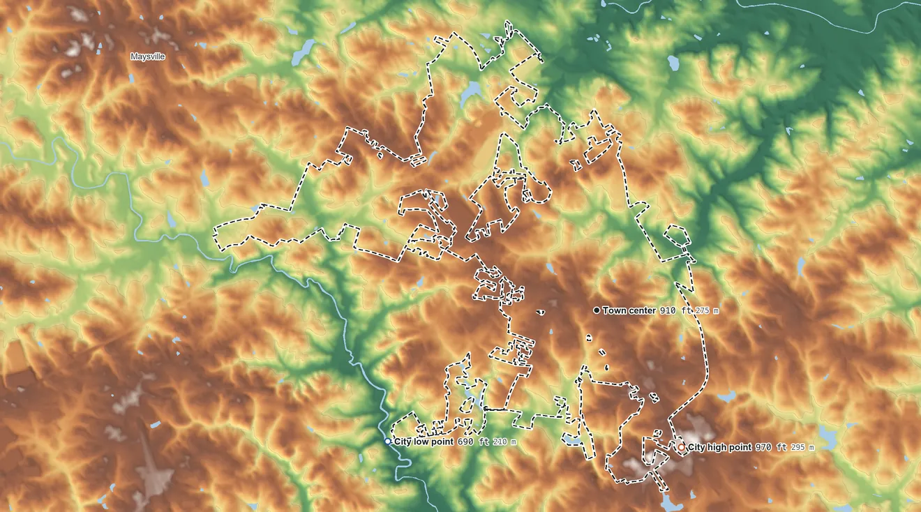 Topographic elevation map of Commerce, Georgia, shaded from 690 ft on the southwest side to 970 ft on the southeast side